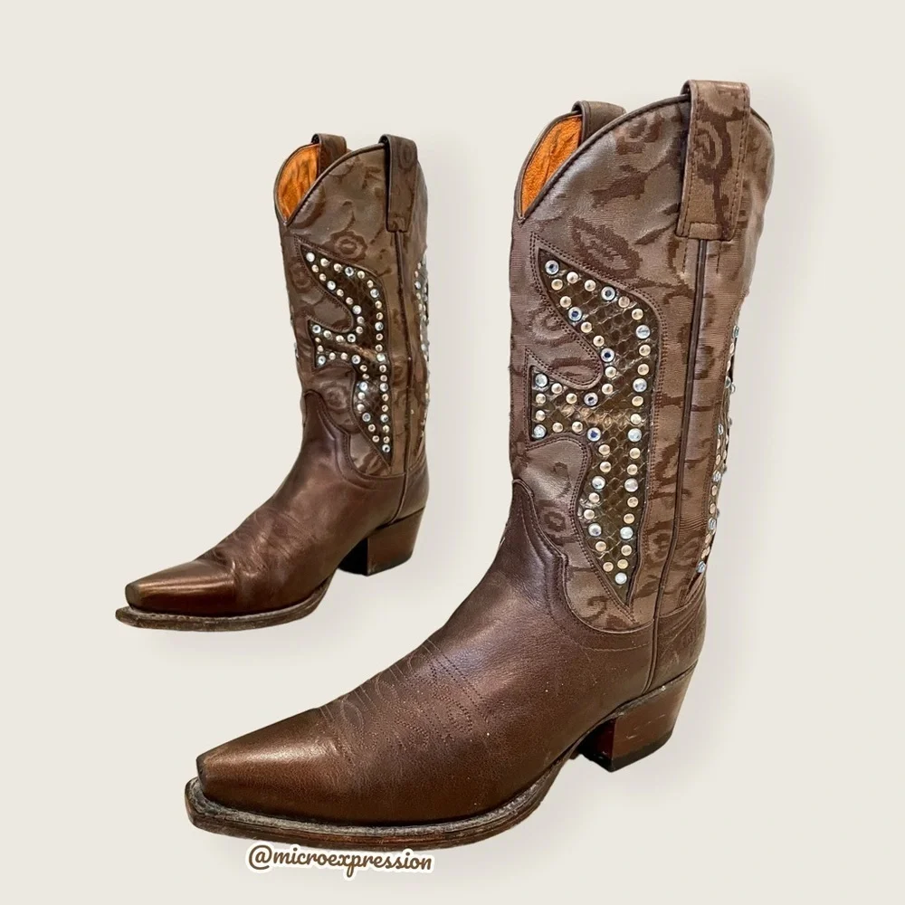 $429 Frye Daisy Duke Floral Metallic Brown Tan Rhinestone Pull On Cowboy Boot - Picture 10 of 15